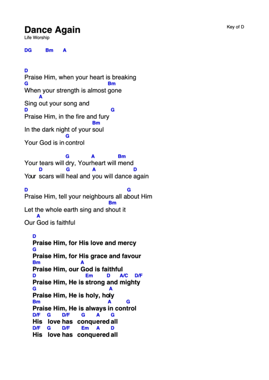 Dance Again Life Worship (Key Of D) Chord Chart Printable pdf