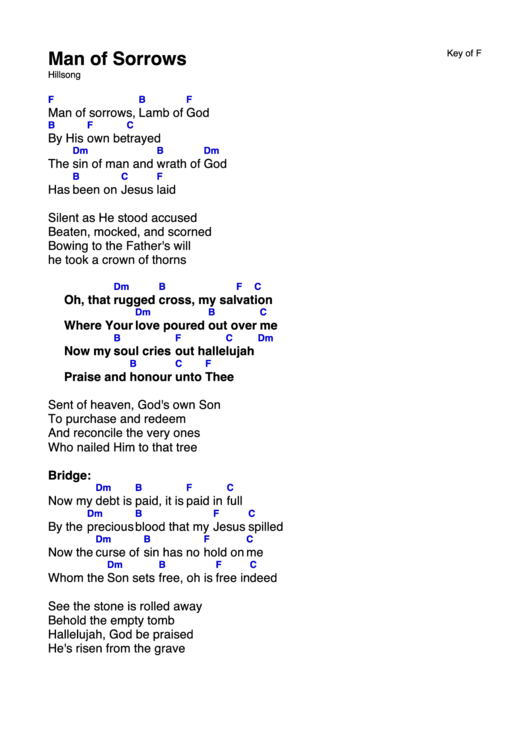 Man Of Sorrows Hillsong (Key Of F) Chord Chart printable pdf download