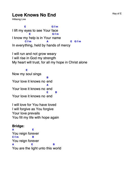 Love Knows No End - Hillsong Live - (Key Of E) Chord Chart Printable pdf
