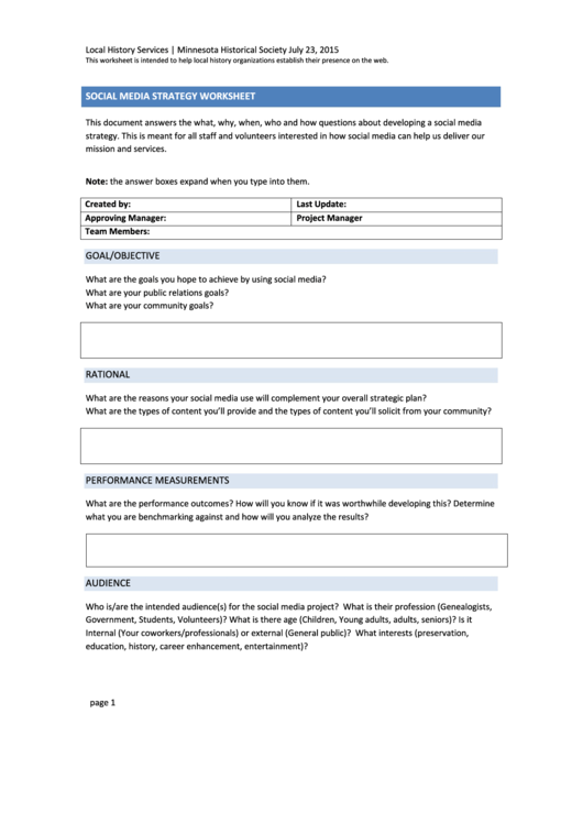 Social Media Strategy Worksheet Template Printable pdf