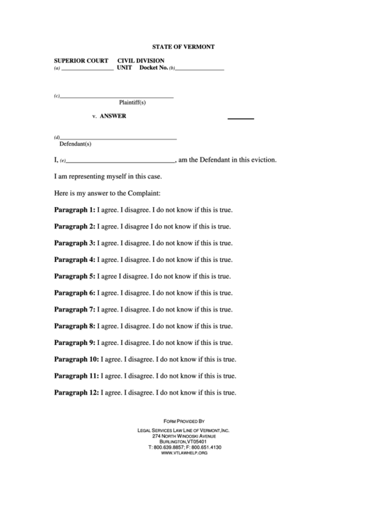 State Of Vermont, Superior Court, Answer Form Printable pdf