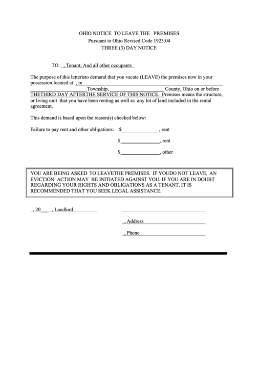 Fillable Ohio Notice To Leave The Premises 3 Day Printable pdf