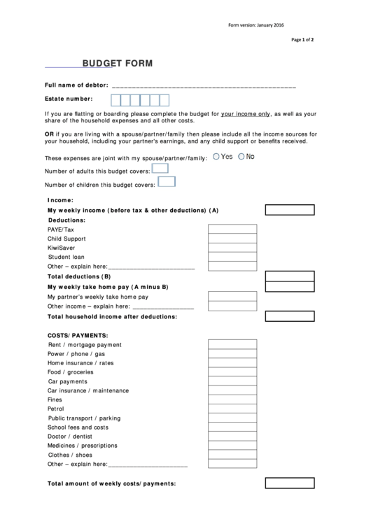 Budget Form - New Zealand Insolvency And Trustee Service - 2016 Printable pdf