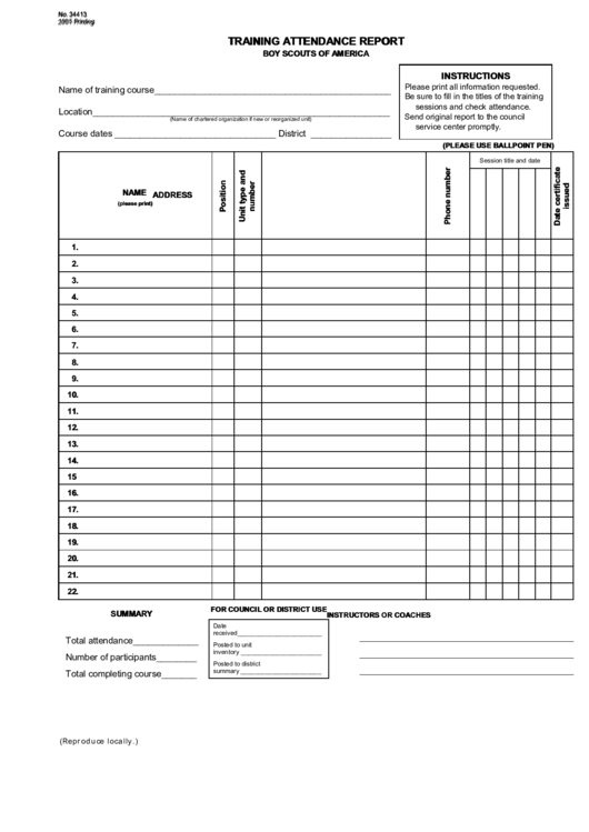 Training Attendance Report Boy Scouts Of America Printable pdf