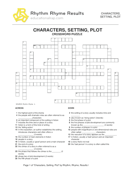 Characters, Setting, Plot Crossword Puzzle Printable pdf