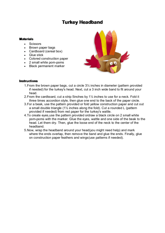 Paper Turkey Headband Instructions & Templates Printable pdf
