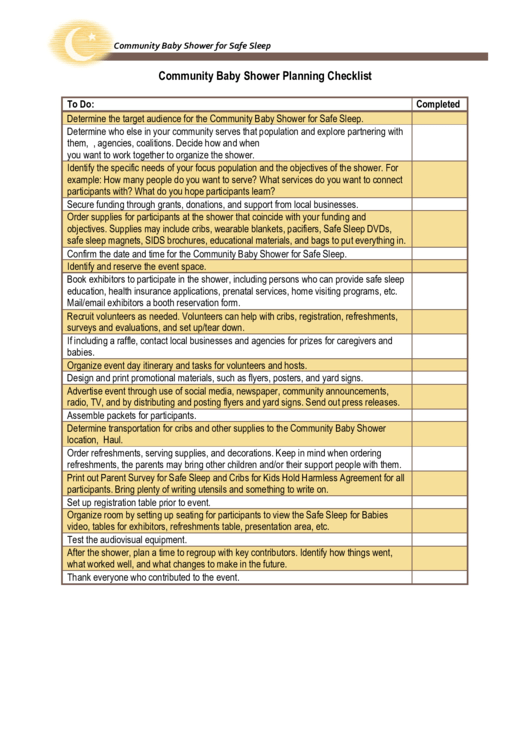 Community Baby Shower Planning Checklist Printable pdf