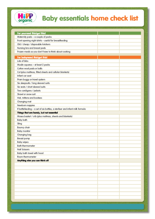 Baby Essentials Home Checklist Printable pdf