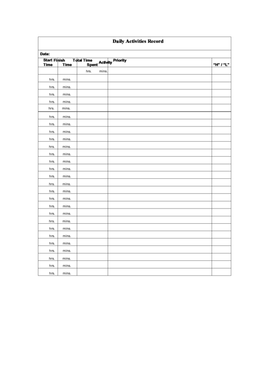 Fillable Daily Activities Record printable pdf download