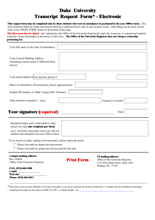 Fillable Duke University Transcript Request Form Printable pdf