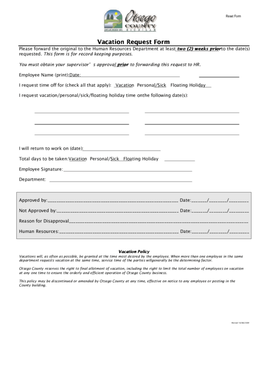 Fillable Vacation Request Form Printable pdf