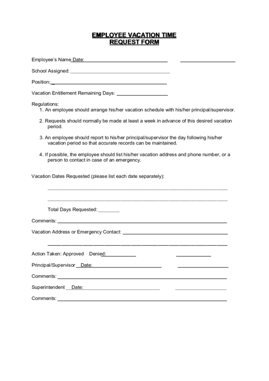 Employee Vacation Time Request Form Printable pdf