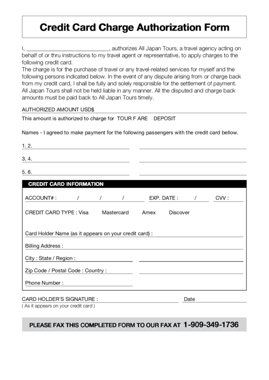 Credit Card Charge Authorization Form Printable pdf