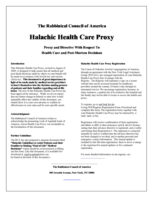 The Rabbinical Council Of America - Halachic Health Care Proxy Printable pdf