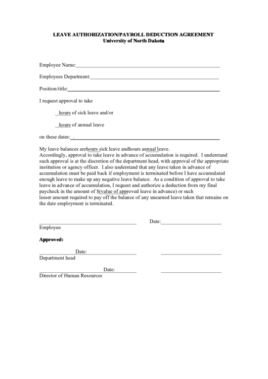 Fillable Leave Authorization/payroll Deduction Agreement Printable pdf