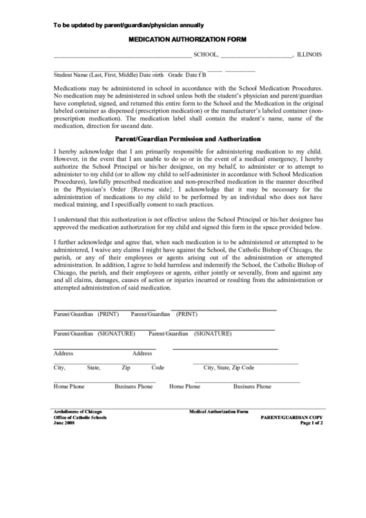 Medication Authorization Form Printable pdf