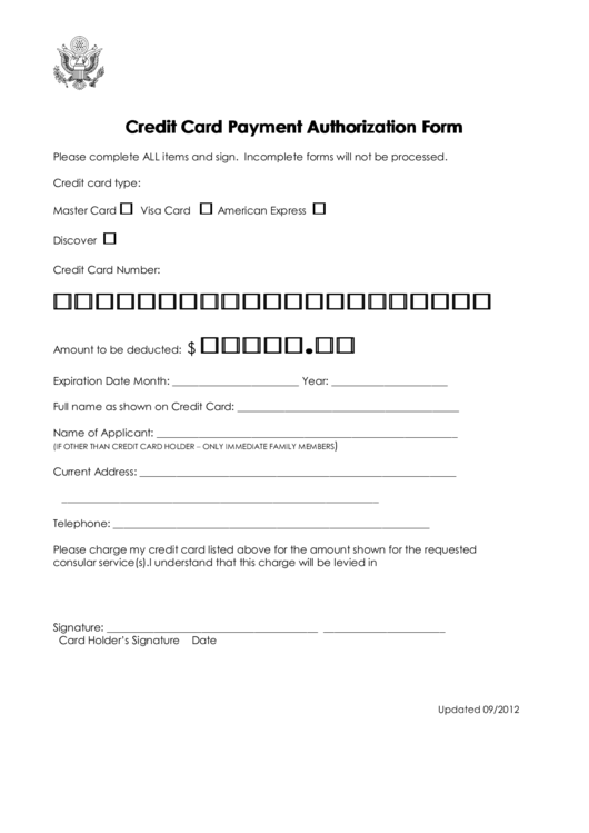 Credit Card Payment Authorization Form Printable pdf