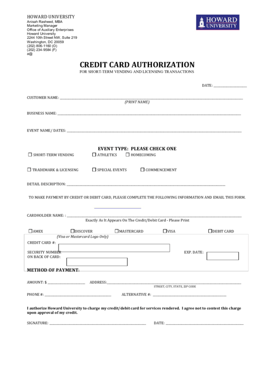 Credit Card Authorization Form Printable pdf