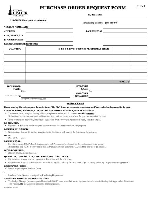 Fillable Purchase Order Request Form Printable pdf