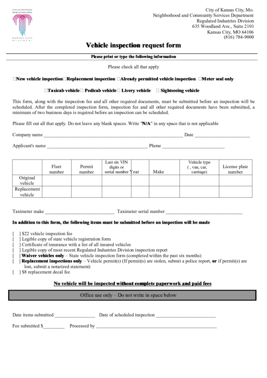 Vehicle Inspection Request Form Printable pdf