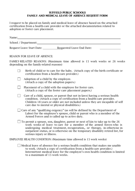 Suffield Public Schools Family And Medical Leave Of Absence Request Form Printable pdf
