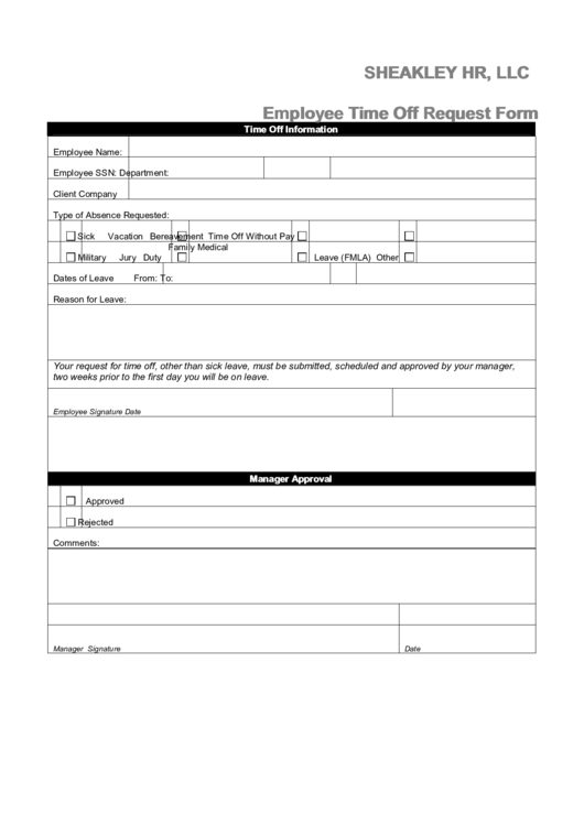 Employee Time Off Request Form Printable pdf