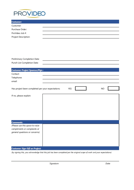 Customer Project Sign-Off Form - Provideo Printable pdf