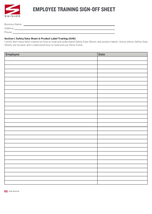 Employee Training Sign-Off Sheet Template Printable pdf