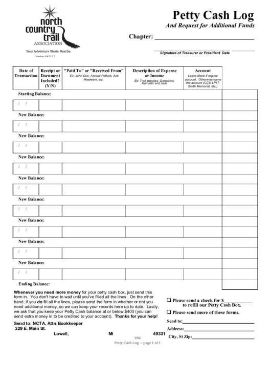 Petty Cash Log Template And Request For Additional Funds Printable pdf