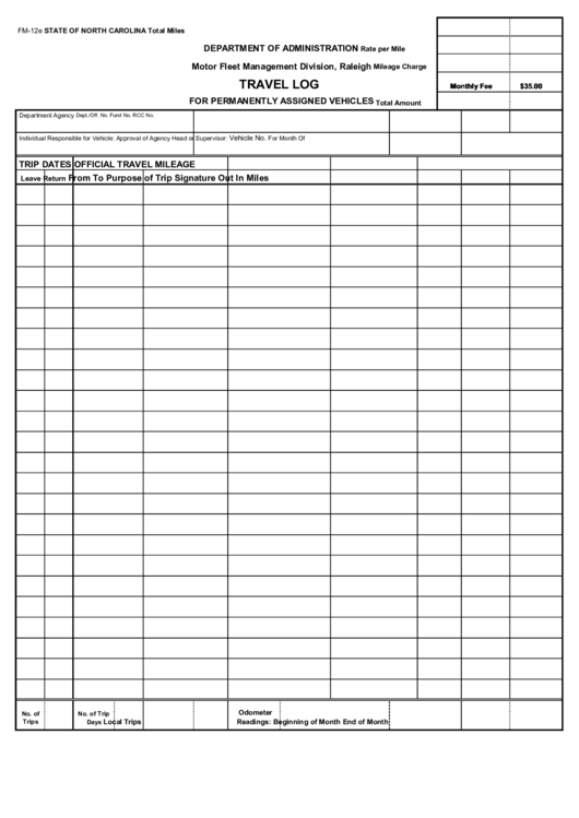 Fillable Fm-12e - Travel Log For Permanently Assigned Vehicles Printable pdf