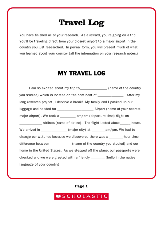 Fillable My Travel Log Worksheet Printable pdf