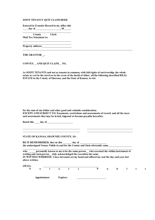 Joint Tenancy Quit Claim Deed Printable Pdf Download