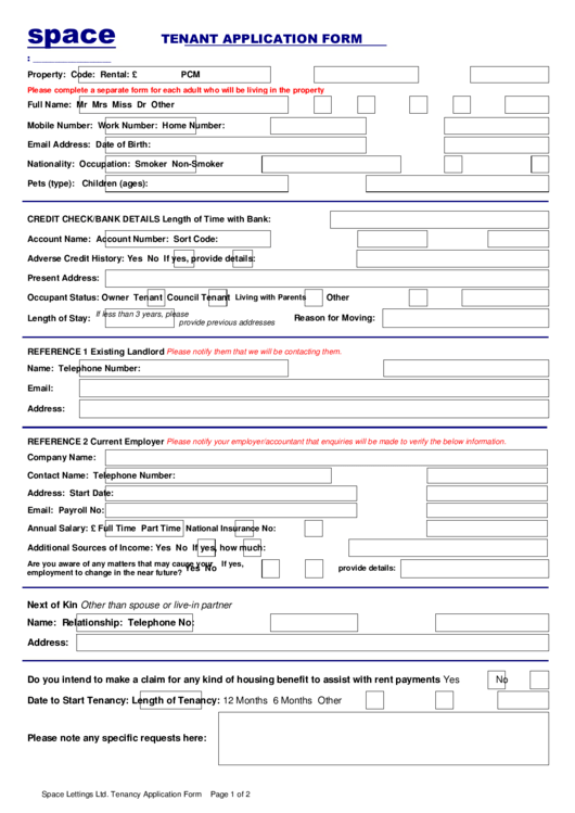 Fillable Tenant Application Form Printable pdf