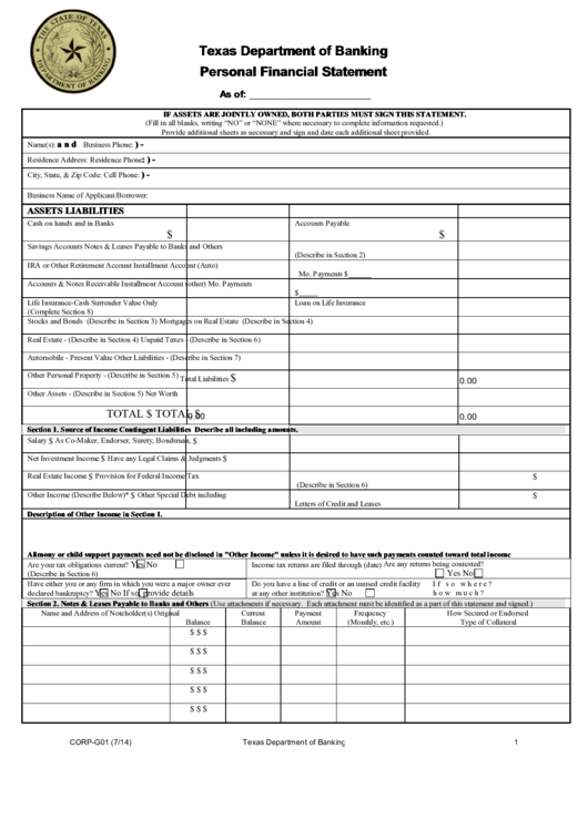 Fillable Personal Financial Statement - Texas Department Of Banking Printable pdf