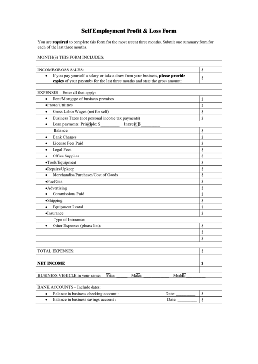 Self Employment Profit & Loss Form Printable pdf