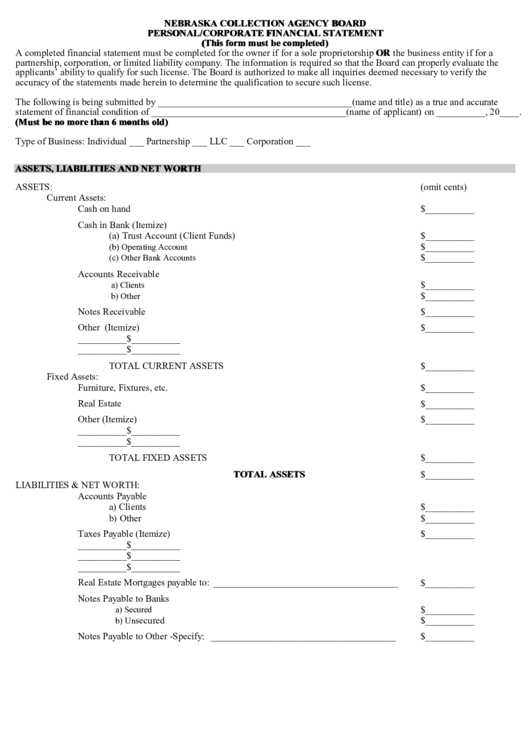 Fillable Personal/corporate Financial Statement Printable pdf