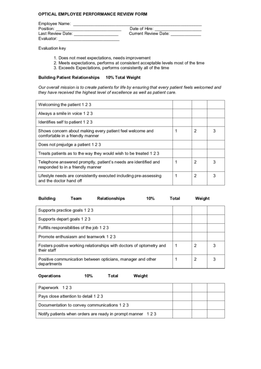 Optical Employee Performance Review Form Printable pdf