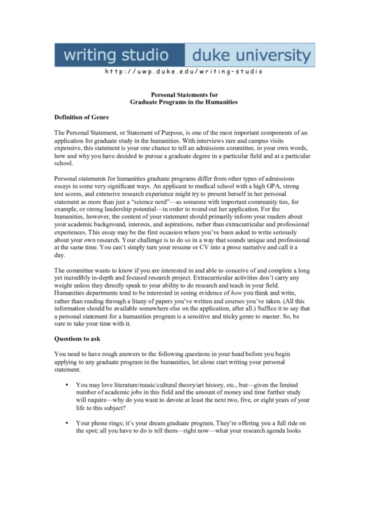 Personal Statements For Graduate Programs Printable pdf