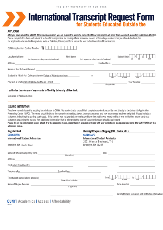 International Transcript Request Form For Students Educated Outside The U.s. Printable pdf