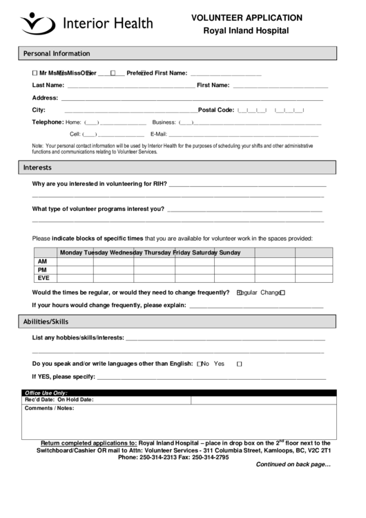 Volunteer Application Of Royal Inland Hospital Printable pdf