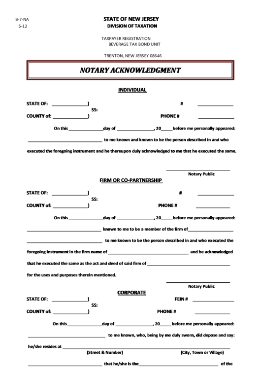 Notary Acknowledgment Printable pdf