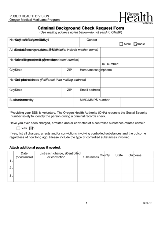 Criminal Background Check Request Form - Public Health Division, Oregon Medical Marijuana Program Printable pdf