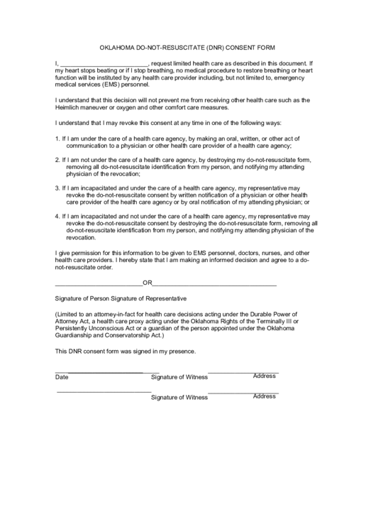 Oklahoma Do-Not-Resuscitate (Dnr) Consent Form Printable pdf
