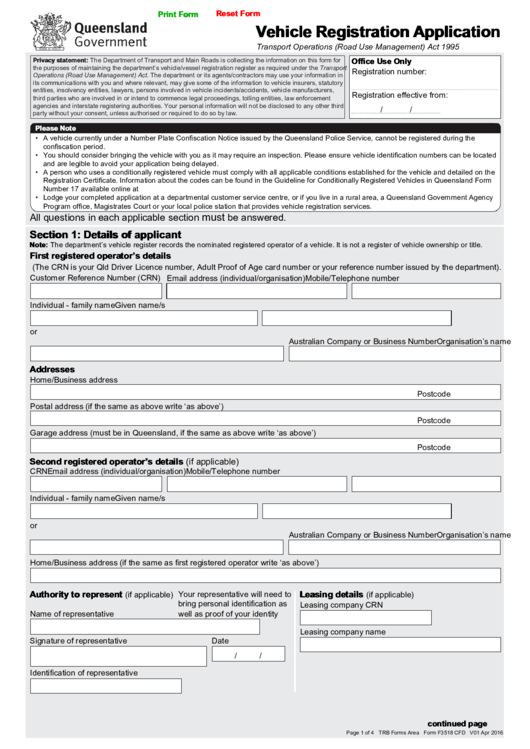 Form F3518 Cfd - Vehicle Registration Application