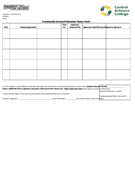 Community Service/volunteer Hours Form Printable pdf