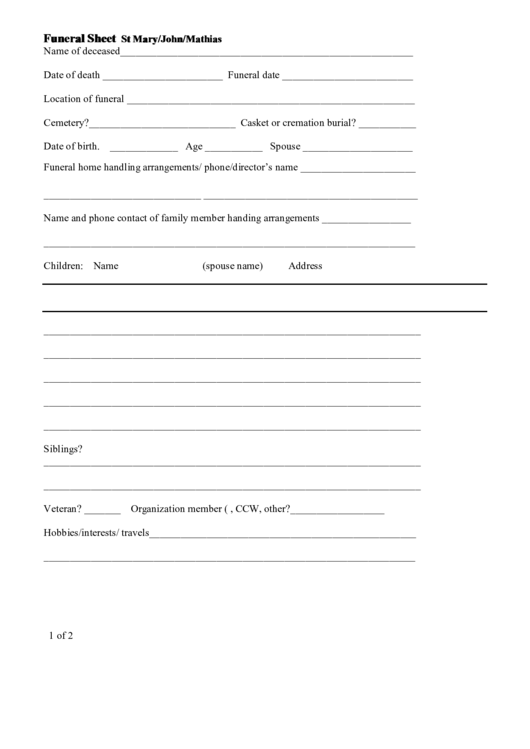 Funeral Planning Sheet Printable pdf