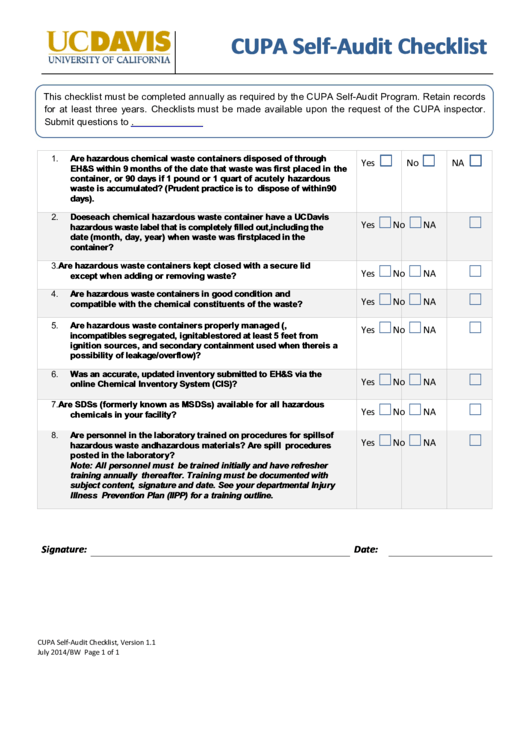 Cupa Self-Audit Checklist Printable pdf