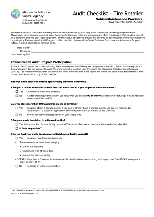 Audit Checklist - Tire Retailer Printable pdf