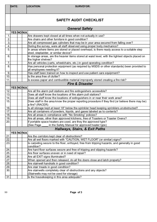 Safety Audit Checklist Printable pdf