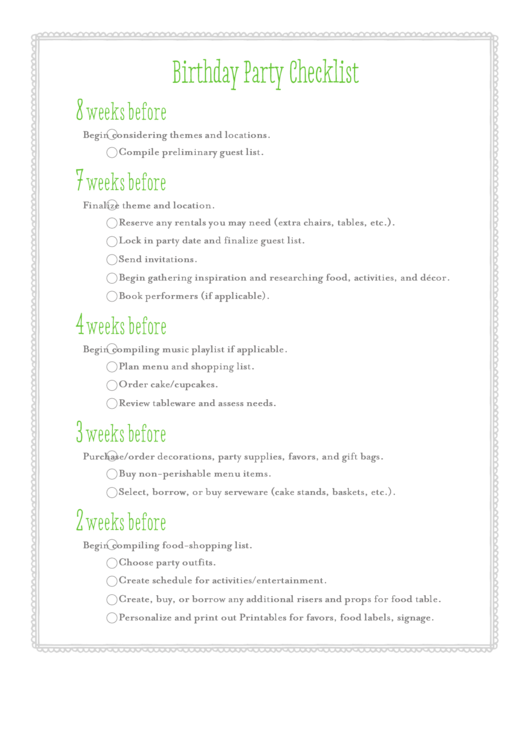 Birthday Party Checklist Template With Notes